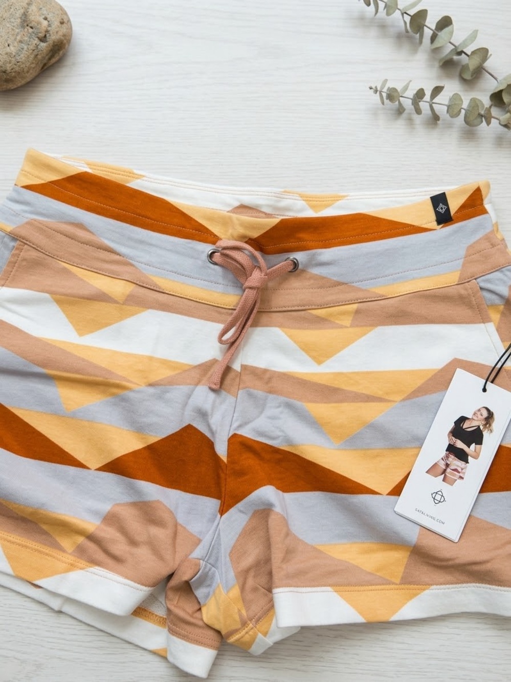 Satvaliving Women’s Geometric Stripe Drawstring Shorts - Multi Yellow/Tan Small